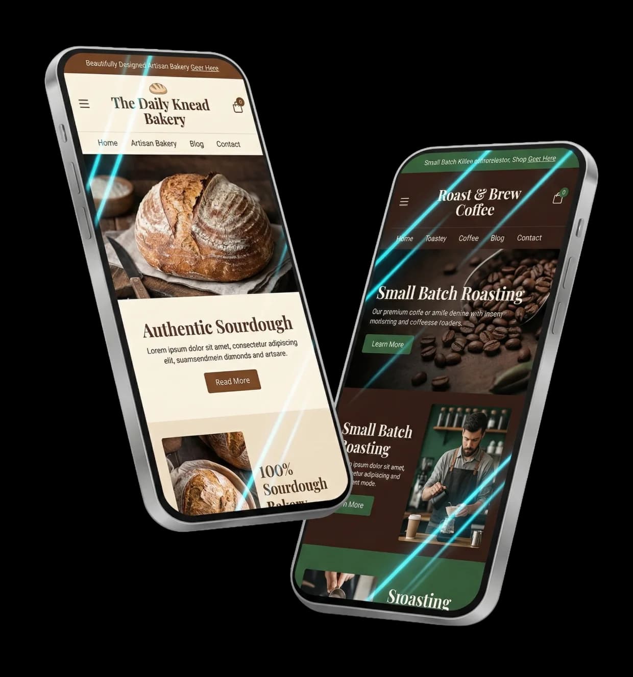 Mobile-first website designs on multiple phone screens